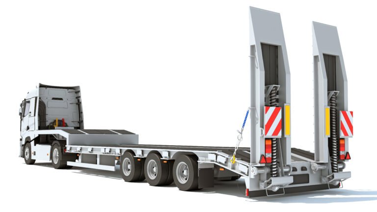 Heavy Truck with Lowboy Trailer 3D rendering on white background